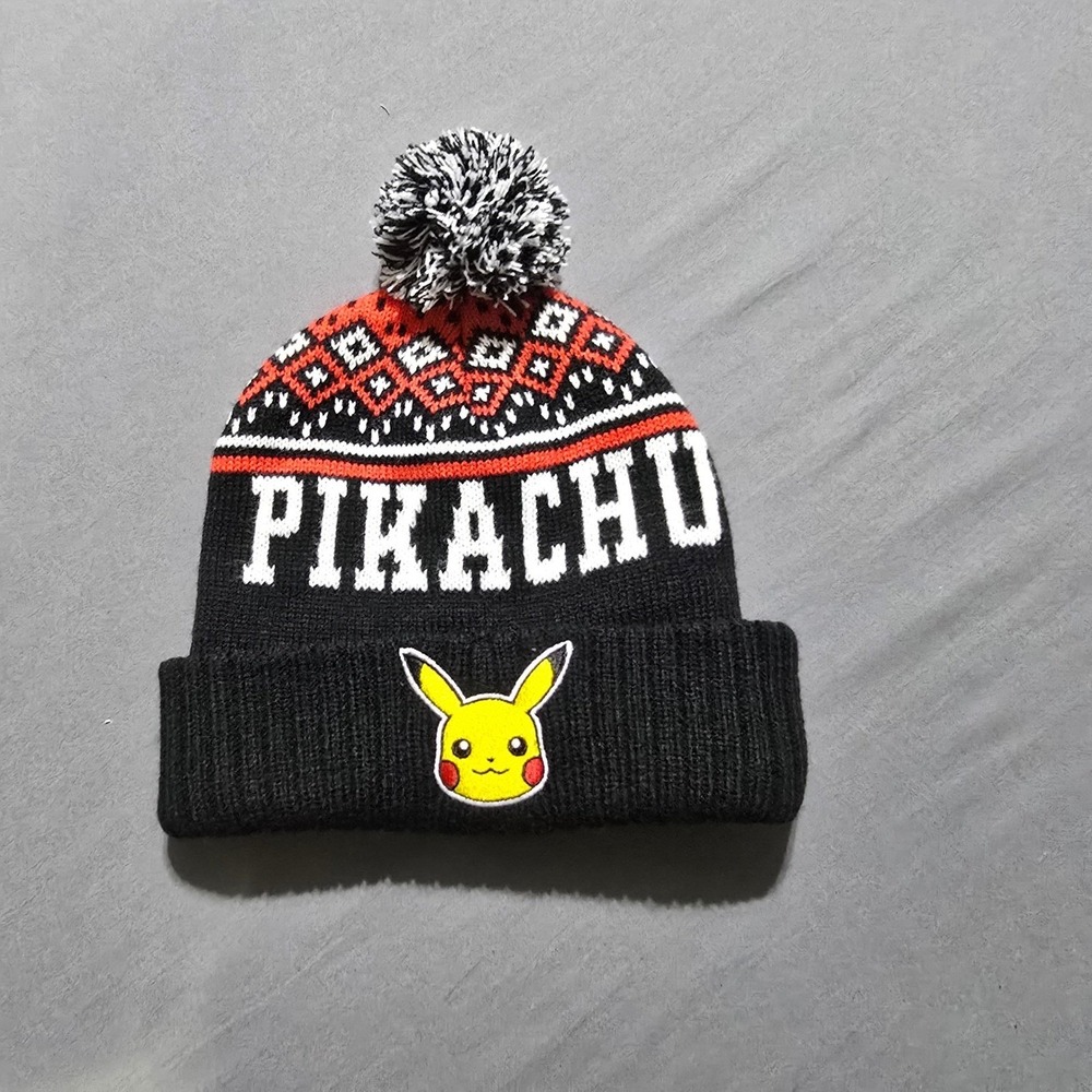 Pokemon Pikachu Beanie Hat Pom Pom Black Red Fair Isle One Size Kids
